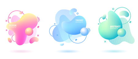 Set of abstract, modern, fluid, trendy gradient banner. Flowing shapes and 3D elements. Template for design of a logo. Badge set for presentation or flyer.のイラスト素材