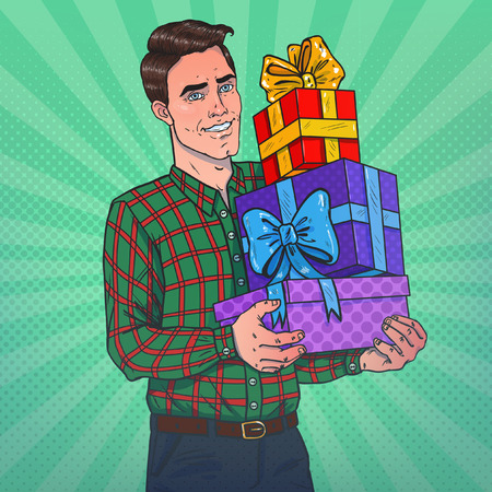 Man holding many presents in his hands. Vector illustration. Pop art.のイラスト素材