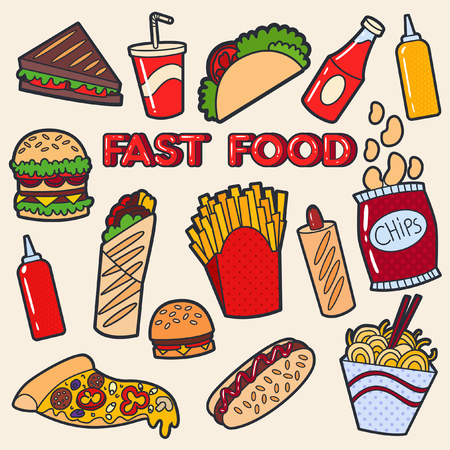 Set of pop art badges. Fast food.のイラスト素材