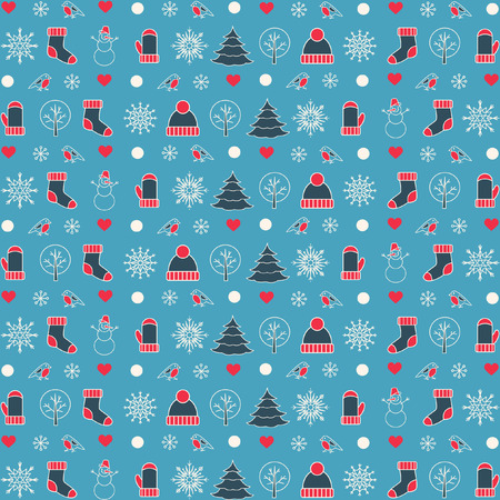 Seamless background. Winter theme pattern. Cute winter background. Winter clothes, snowflakes, trees...