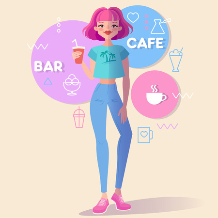 Vector illustration including icons on the bar and cafe theme. Young girl with pink hair and cup of coffee. Summer theme. Girl in flat design style. Cartoon character. Vector illustration.のイラスト素材