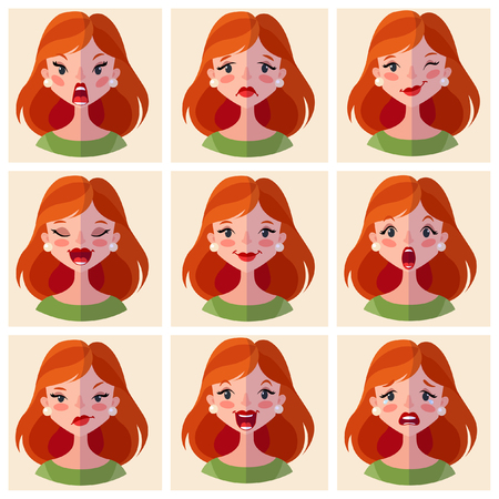 Avatars emotions. Set a woman with a variety of emotions. Female face with different expressions. Woman in flat design. Cartoon character. Vector illustration. Girl Avatar.のイラスト素材
