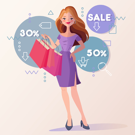 Vector illustration including icons on shopping and sale theme. Happy young woman after shopping. Woman in flat design. Cartoon character. Vector illustration.のイラスト素材
