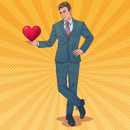 Attractive man with heart. Man make propose. Wants to give his heart. Valentine's Day them. Pop art style.のイラスト素材