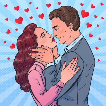 Couple in pop art style. Man and woman hugging. First kiss.Vector illustration. Love theme.のイラスト素材