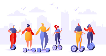 Flat design characters of men and women with hoverboards, skateboards. People, men and women riding a modern electric scooter, hoverboard. Flat design character pose set.のイラスト素材