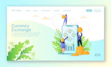 Concept of landing page for web site. Concept of mobile currency exchange service. Business people changes currency using smartphone. Online banking.のイラスト素材
