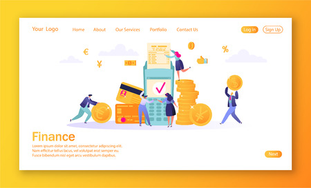 Concept of landing page on finance theme. Concept of online banking, money transaction technology. Credit card and payment terminal. Business people pay coins cash.Flat People Characters Making Money.のイラスト素材