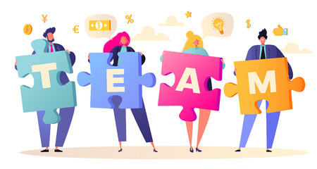Vector illustration business teamwork concept. Flat people characters with pieces of puzzle. Business people connecting puzzle elements. Concept of solution, partnership, cooperation.Team metaphor.のイラスト素材