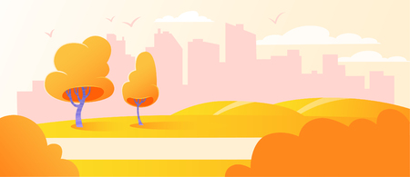 Urban cityscape park landscape background. City outdoor horizon scenery recreation. Autumn abstract background, road, flat, cartoon, vector illustration. Town nature tree scene.のイラスト素材
