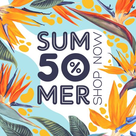 Summer sale poster template with Strelitzia Reginae (Bird of Paradise). Leaflet bannerのイラスト素材