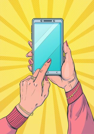 Women's hands with a smartphone. Highly detailed, hand-drawn, vector art illustration. Modern technology, using gadgets, surfing internet on on mobile phoneのイラスト素材