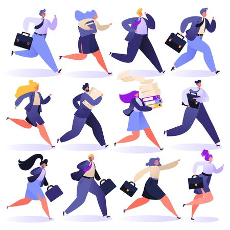 Set of different successful running businessmen to achieve results, goals and enrichment. Business competition concept. Teamwork, career, reach goal success theme. Trendy, flat, people characters.のイラスト素材