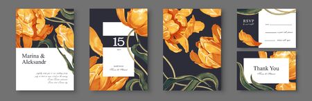 Botanical wedding invitation card. Template design with yellow flowers and leaves. Modern, realistic style, hand drawn illustration. Collection of Save the Date and RSVP in vector EPS format.のイラスト素材