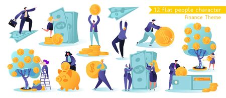 Flat, cartoon, vector Illustration collection. Different successful people characters making money. Business and finance, saving money theme. Career, salary, earnings profit.のイラスト素材