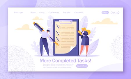 Template for landing page with concept of planning schedule for goal achievements. Two business people character mark completed tasks in to-do list. Man mark checklist using pen. Woman read task.のイラスト素材