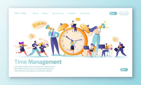 Concept of landing page on time management theme. Template for website or web page with office workers and business people working overtime. Time management on the road to success. Effective teamworkのイラスト素材