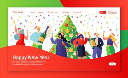 Template for landing page on winter holidays theme. Website layout with flat people characters celebrating New Year against background of a large beautiful decorated Christmas tree. Party, corporate.のイラスト素材
