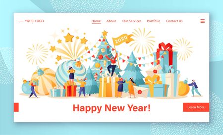 Concept for website or web page design on theme of celebrating New Year. Concept of landing page with friendly, small, flat cartoon people characters that preparing for holiday and prepare gifts.のイラスト素材