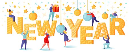 New Year festival typography horizontal poster. Man and woman in red hats decorate the inscriptionのイラスト素材