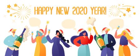 Party card or invitation poster with joyful flat people characters dancing with sparklers and champagne in red santa claus caps. Corporate party in the office, new year party.のイラスト素材