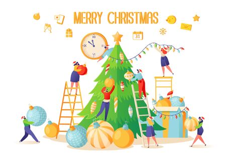 Vector illustration on theme of preparation for winter holidays. Small flat people characters decorate large, beautiful, green Christmas tree with elegant, bright and colored balls. Hang a garland.のイラスト素材