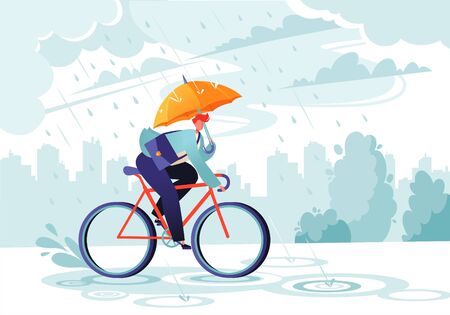 Young businessman going to work under the autumn rain. Businessman with umbrella on bicycle. Responsible worker. Concept of commitment. Eco transport. Autumn time. Windy rainy day with gray clouds.のイラスト素材