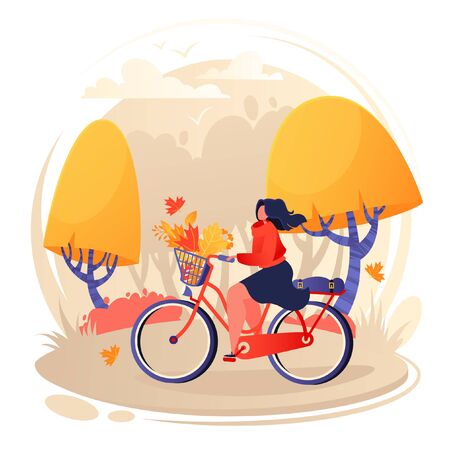 Young woman character riding bicycle with autumn leaves in front basket on autumn park background. Active girl enjoying bike ride open air. Healthy lifestyle, eco transport, leisure outdoor concept.のイラスト素材