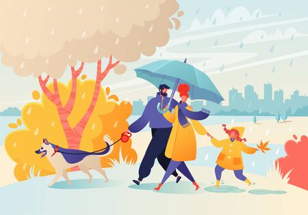 Happy young family spend joyful time together. Parent character walk in rainy weather in autumn park. Father leads a dog on a leash, mom holds hand of a daughter, she carefree jumps through puddles.のイラスト素材