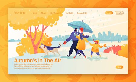 Website landing page with happy young family spend joyful time together. Father leads a dog on a leash, mom holds hand of a daughter, she carefree jumps through puddles. Rainy weather in autumn park.のイラスト素材