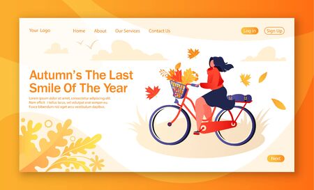 Concept of landing page on healthy lifestyle theme, autumn outdoor. Happy woman character riding bicycle with autumn leaves in front basket during a warm autumn day. Web page banner taplate.のイラスト素材