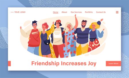 Concept of friendship, moral support, empathy for web page, landing page, homepage, tamlate for web design. Group of smiling, happy, young people standing together, embracing each other, waving hands.のイラスト素材