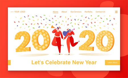 New Year celebration concept for website or landing page with dancing people characters. 2020 numbers and confetti on background. Flat cartoon illustration for web page design on winter holiday theme.のイラスト素材