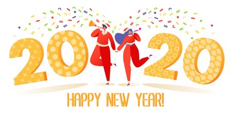 Christmas and New Year greeting card concept with dancing people characters. 2020 numbers and confetti on background. Vector illustration for postcard, poster on winter holiday celebration themeのイラスト素材