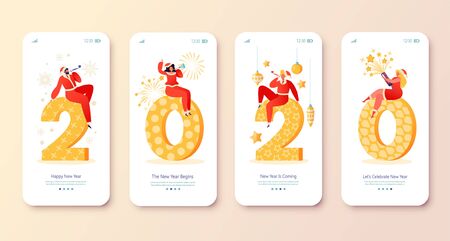 New Year 2020 concept for mobile app page onboard screen set. Happy people sitting on huge numerals,...