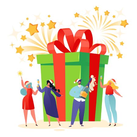 Winter holidays concept. New Year and Christmas celebration. Large beautiful gift box around which gathered tiny flat people. Happy characters drink champagne, raise hands with glasses and sparklers.のイラスト素材