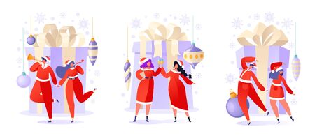Set of flat cartoon people characters with holiday scenes. Women and men dancing and having fun, drinking champagne. People in anticipation of the celebration of Christmas and New Year.のイラスト素材