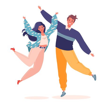 Vector illustration with couple of young joyful laughing people jumping with raised hands isolated on white background. Happy flat cartoon style man and woman rejoicing together.のイラスト素材