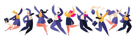 Group of joyful jumping business people with raised hands isolated on white background. Teamwork, business success, achieve results, goals and enrichment. Business competition concept.のイラスト素材