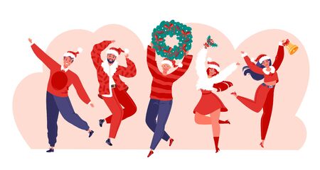 Young happy jumping and dancing people dressed in Santa Claus costumes and hats. Party dancer character. Young men and women enjoying New Year party with wreath of fir branches, bells, and mistletoe.のイラスト素材