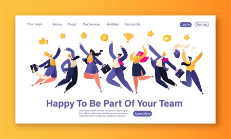 Happy young business people men and women jump with hands up. Teamwork and celebration theme for website landing page. Corporate party concept for web page banner.のイラスト素材
