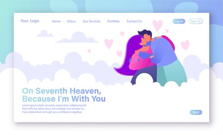 Romantic vector illustration on love story theme for landing page template. Happy flat people character on the seventh heaven. Couple in love, they embrace and kiss. Concept on Valentine Day theme.のイラスト素材