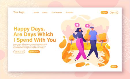 Romantic vector illustration on love story theme for landing page template. Flat people character walking in the park. Happy lover man and woman flirt. Concept on Valentine Day theme. First date.のイラスト素材