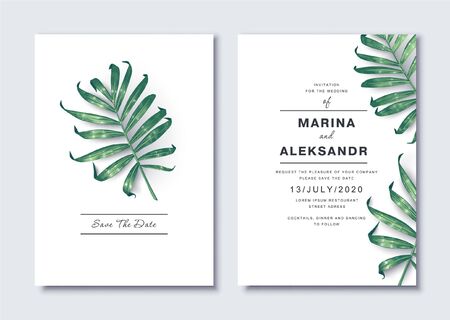 Tropical, greeting or invitation card, template design with palm leaves. Green foliage in realistic style with high details. Set of poster, flyer, brochure, cover, party advertisement, sale banner.のイラスト素材