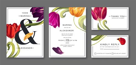 Spring, vector set of Save The Date cards or poster, template for sale banners. Greeting or invitation card design with tulips flowers, leaves and petals in realistic style with high details.のイラスト素材