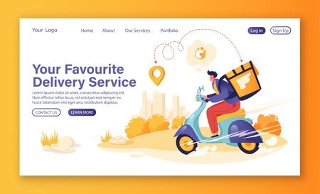Concept of landing page on delivery service theme. Courier character shipping parcels by scooter. Fast delivery of food, letters, household and personal items. Vector flat cartoon young man.のイラスト素材