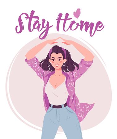 Stay home concept, quarantine, self isolation. Young modernly dressed happy stylish pretty girl shows gesture with her handsのイラスト素材