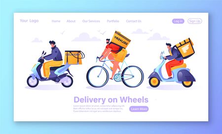 Concept of homepage for web site on delivery service theme. Couriers on mopeds with backpacks carry orders and parcels with food, essentials, and household products. Cartoon, flat style, vector.のイラスト素材