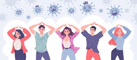 Coronavirus prevention concept. Self-isolation, quarantine. People show roof gesture over their heads. Air around full of angry coronavirus are in a fury, because they cannot attack people.のイラスト素材