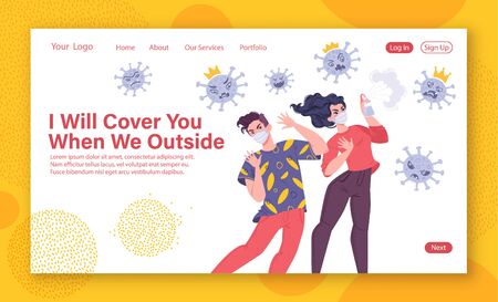 Human protection from pneumonia outbreak concept for landing page template website, web page with people wearing medical masks they spray an antiseptic on an angry coronavirus they cannot reach peopleのイラスト素材